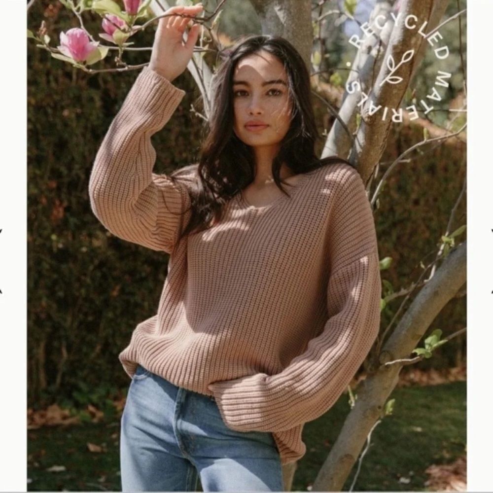 Jenni Kayne Oatmeal Cotton Knit Sweater Tan Pink Cabin Pullover V Neck Size XS